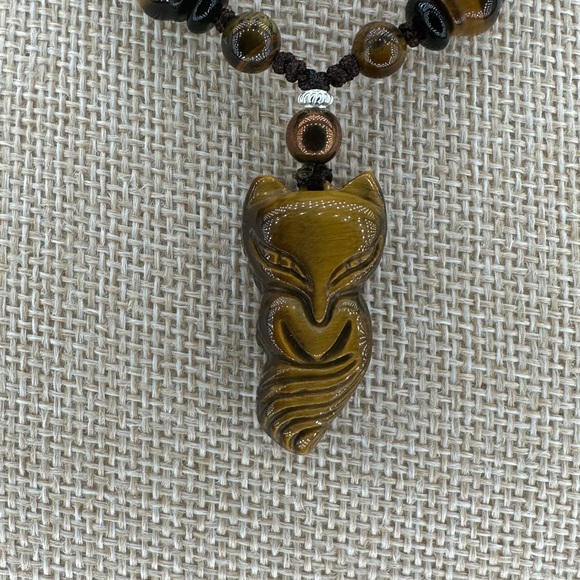 Tiger’s Eye Nine Tail Fox Pendant Necklace with Silver and Hematite on Rope - Picture 3 of 7
